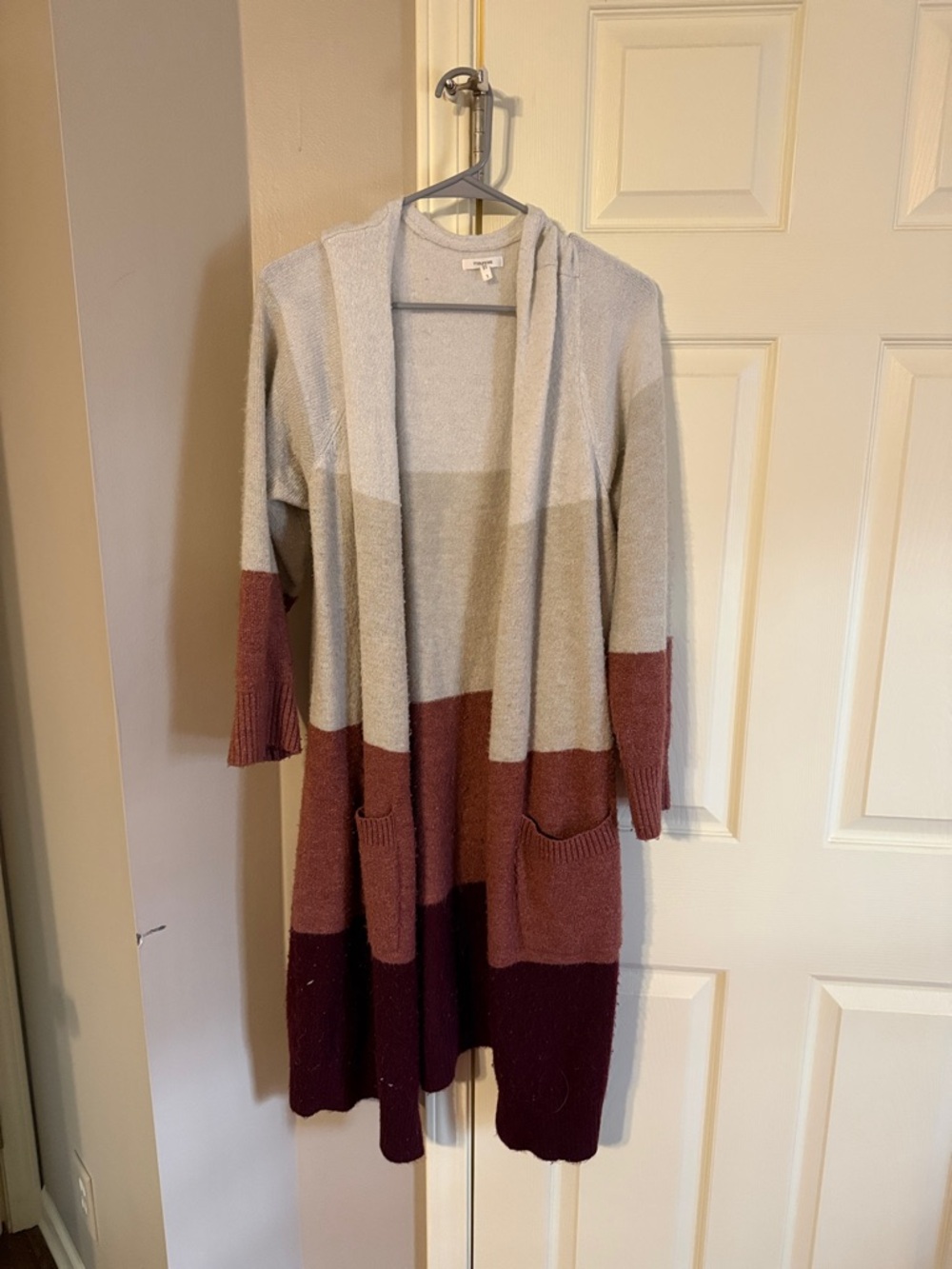 Maurices Colorblock Hooded Long Cardigan in Cream, Dusty Rose, Burgundy